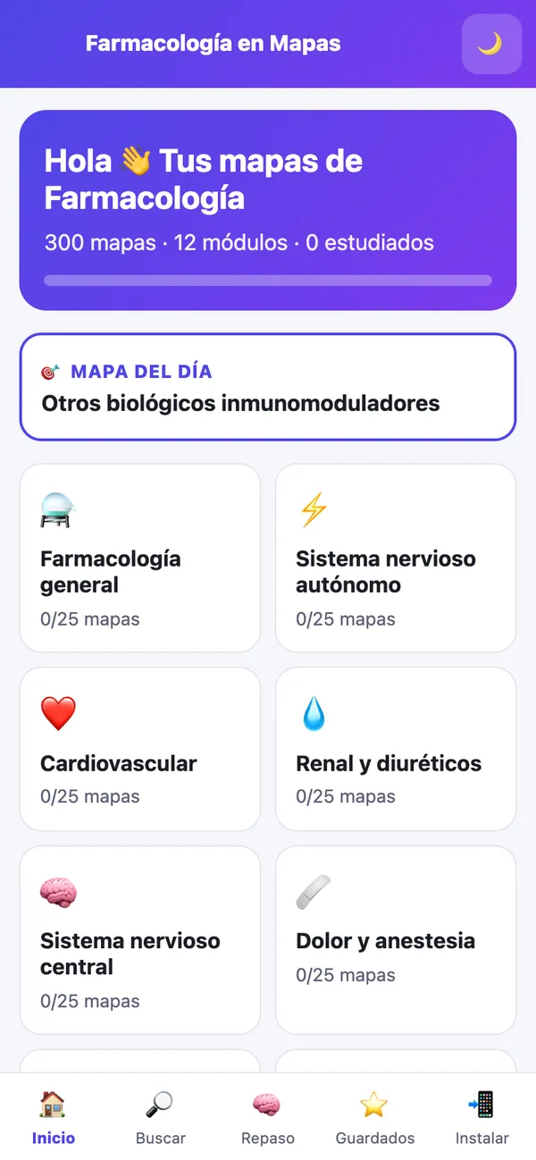 Muestra 1: pantalla de inicio del app con los 12 módulos
